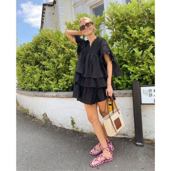 Joslin Dresses & Skirts - Joslin Net Sustain Ellie Crochet-Trimmed Ruffled Linen Mini Dress Black Size 10